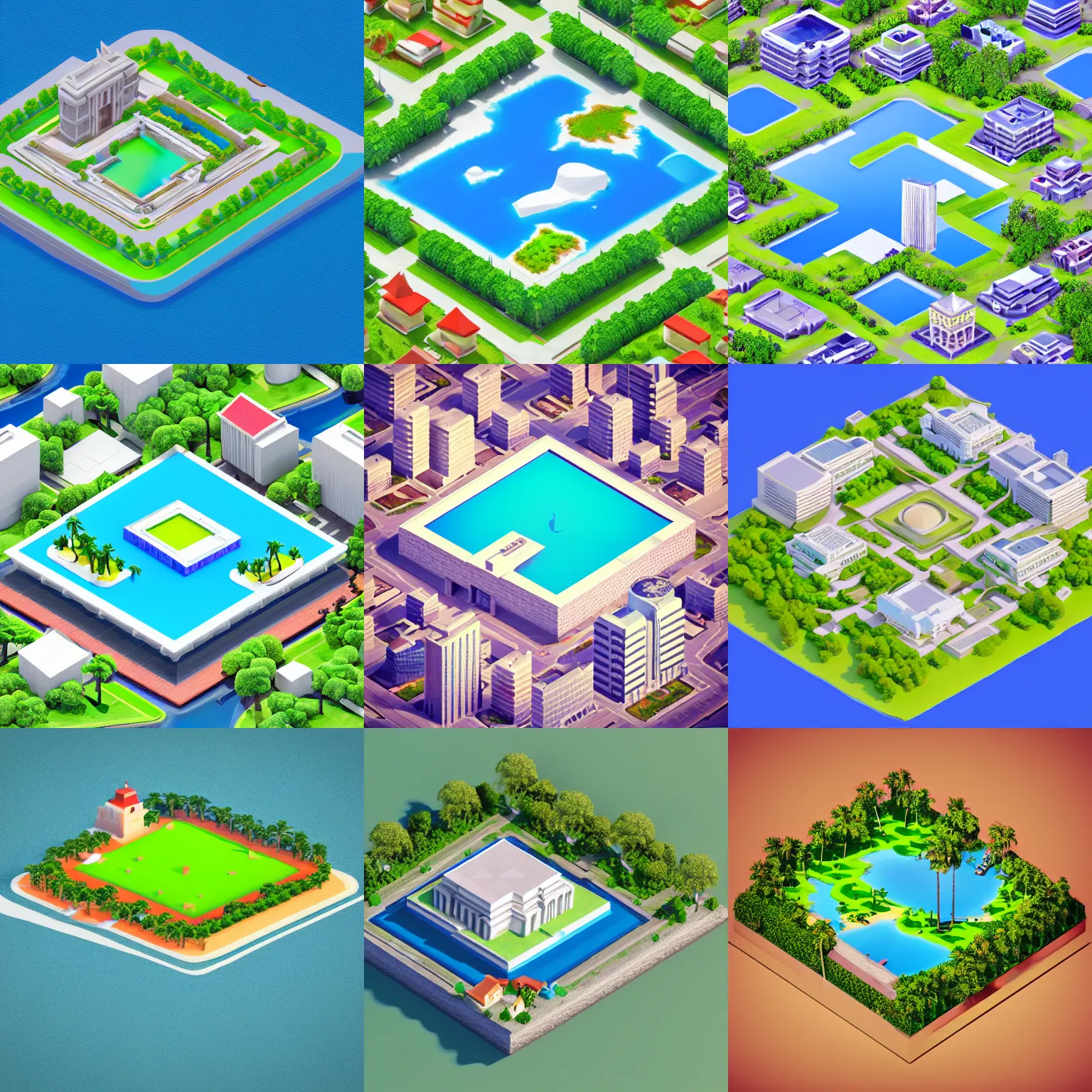 Prompt: isometric square 3d Render of island with big building on the center, island is on the center of an image, on the island there is city with animals, no background, medium poly, blender eevee render