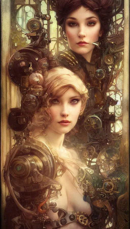 Image similar to hyper realistic photographer looking through camera, magical, steampunk, painted by tom bagshaw, mucha, gaston bussiere, craig mullins, j. c. leyendecker 8 k