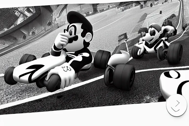 Image similar to gigachad in mario kart, ingame screenshot, black and white, high detailed