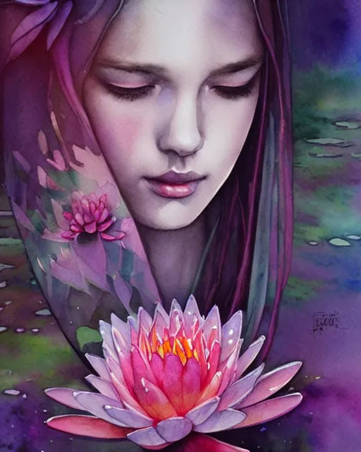 Prompt: watercolor waterlily priestess portrait, artgerm, wlop, petros afshar