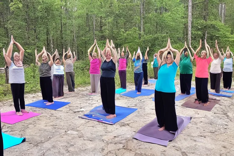 Image similar to senior citizen yoga club meeting, outside Cherynobyl nuclear reactor during meltdown