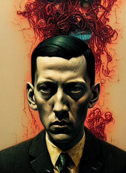 Prompt: hyper detailed ultra sharp h. p. lovecraft photorealistic portrait, somber melancholic aesthetic, masterpiece, elite, illustration, art by sachin teng, felix englund, organic matte painting, emerald color palette, hard edges, graffiti, street art 8 k