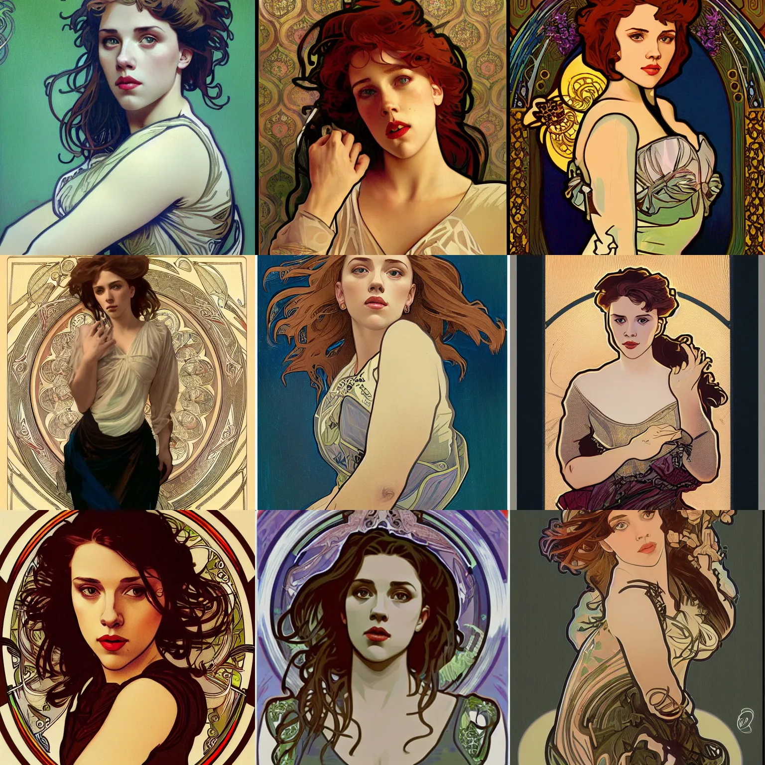 Prompt: alphonse mucha scarlett johansson, e - girl, portrait, full body, trending on artstation, 3 5 mm