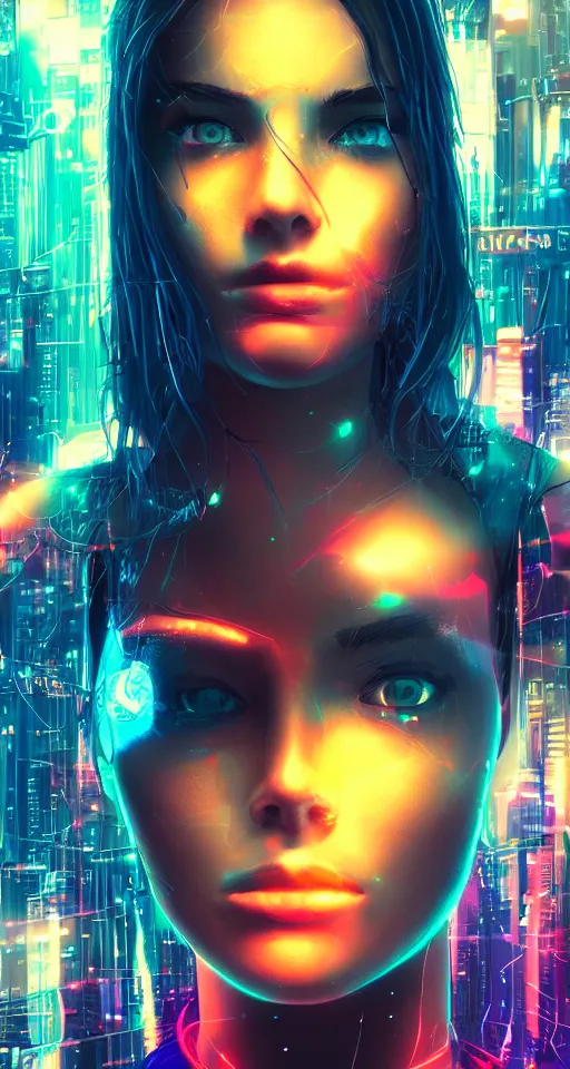 Image similar to Portrait of a beautiful cyberpunk women, trending on artstation, city skyline on background, neon lights, glow, sunset, crystal color, 4k
