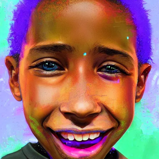 Image similar to smile of glitch eyes Black boy artstation, ultradetailed, digital Painting, by James gurney and Pipilotti Rist