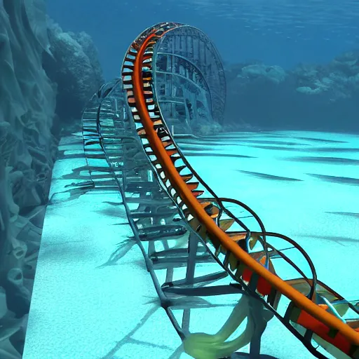 Image similar to underwater roller coaster, photorealistic, detailed