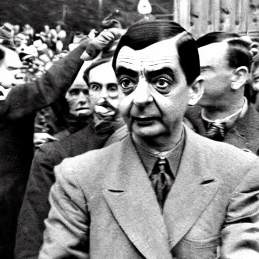 Image similar to mr bean at the nazi nuermberg rallies, historical, 1 9 4 0 s photo style, extreme detail, gritty, serious