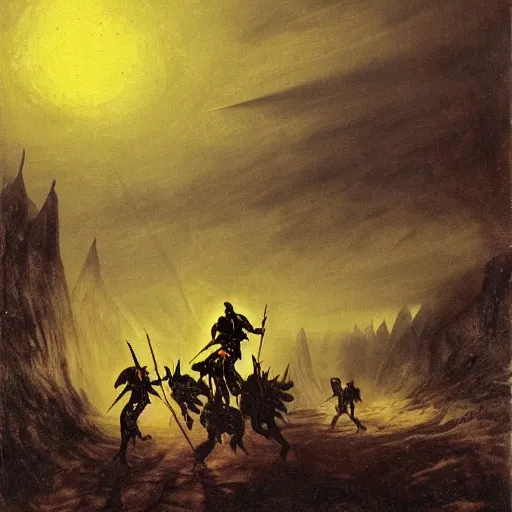 Image similar to holy knight in golden armor with a runnic sword fighting demons in hell, black ground and sky, red sun and rivers of blood, peder balke style