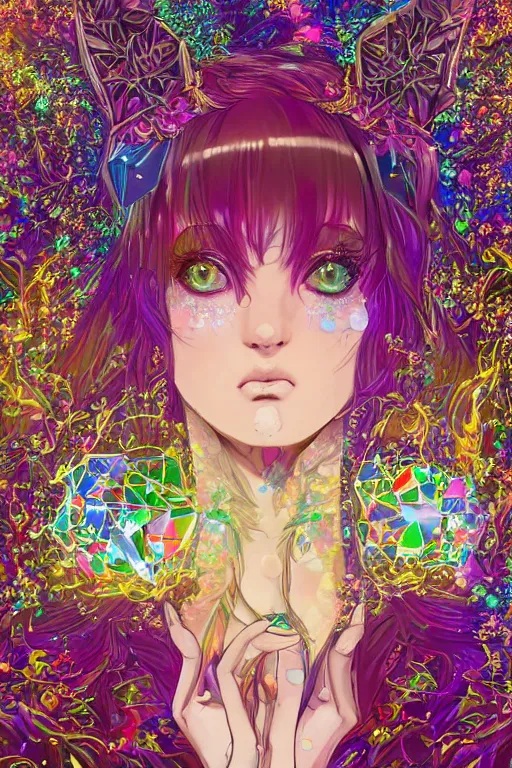 Image similar to acid trip, hall of mirrors, intricate, highly detailed, anime, 4k, a beautiful seductive deer woman holding a crystal containing the universe, with professional makeup, long trippy hair, surrounded by gems, underneath the stars, trending on patreon, deviantart, twitter, artstation, volumetric lighting, heavy contrast, by artgerm and Ilya Kuvshinov and alphonse mucha