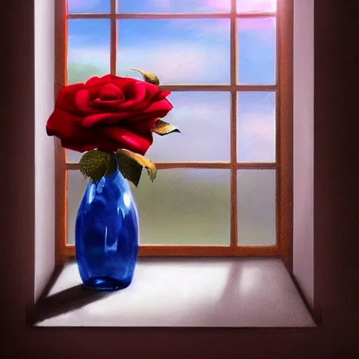 Image similar to The image would feature a windowsill with two vases. One vase containing a red rose. And the other vase containing a blue violet. The natural light from the window would be shining in on the scene. Trending on artstation