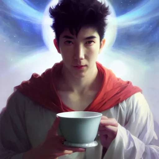 Image similar to A man drinking a cup of cosmic energy bright light, illustration by Ruan Jia and Mandy Jurgens and William-Adolphe Bouguereau, Artgerm, 4k, digital art, surreal, anime style, space dandy style, highly detailed, godsend, artstation, digital painting, concept art, smooth, sharp focus, illustration by Ruan Jia and Mandy Jurgens and William-Adolphe Bouguereau, Artgerm