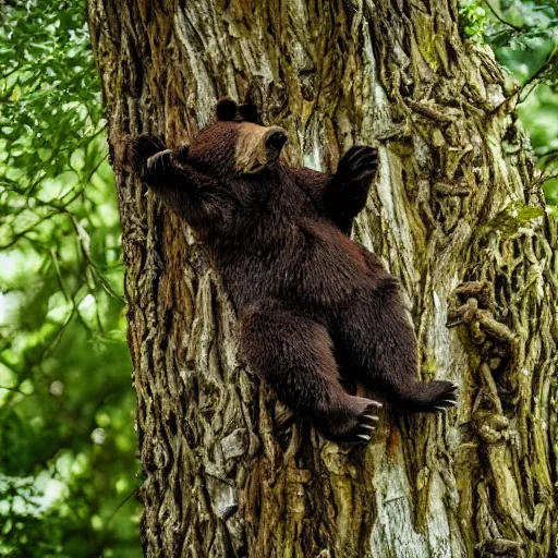 Image similar to bear hiding in a tree, realistic