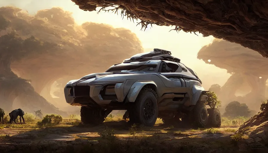 Image similar to a futuristic offroad suv designed by ford driving through madagascar with baobabs trees, artgerm and greg rutkowski and alphonse mucha, an epic fantasy, volumetric light, detailed, establishing shot, an epic fantasy, trending on art station, octane render, midsommar