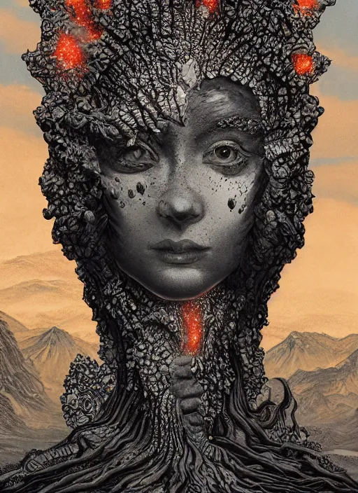 Image similar to Volcanoes goddess painting by Dan Hillier, trending on artstation, artstationHD, artstationHQ, 4k, 8k