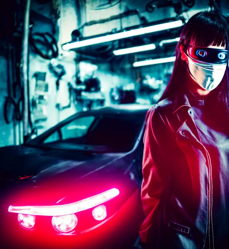 Image similar to a photo close up a female mechanic standing next to cyberpunk car,, wearing mask, cyberpunk garage, cyberpunk gunma prefecture, midnight, photorealistic, cinematic color, studio lighting, highly detailed, bokeh, style by tomino - sama