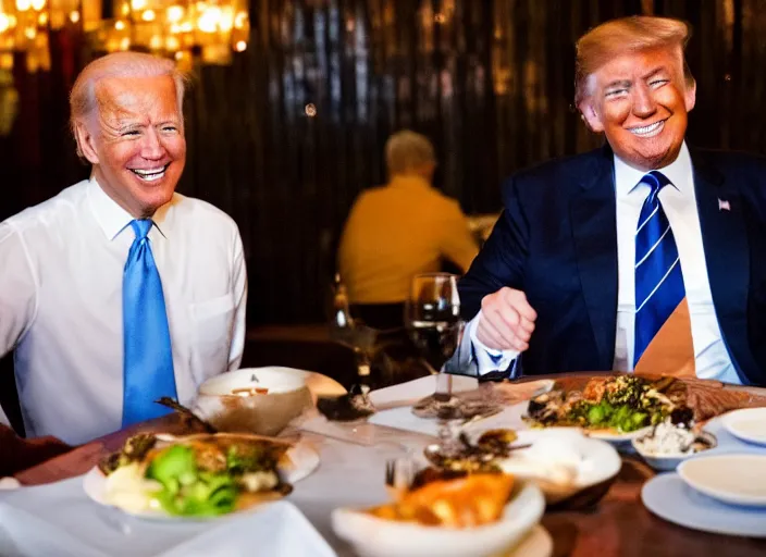 Image similar to Trump and Biden having dinner at a fancy Balinese restaurant, award winning cinematic photography, 50 mm, blurred background, trending on twitter