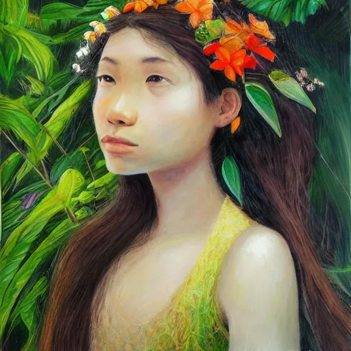 Image similar to a girl in a jungle smelling flowers, her hair flowing down, subtle, intricate details, real masterpiece, oil on canvas, by somsak anong