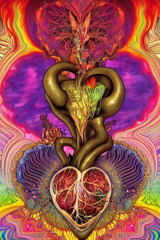 Prompt: An extremely psychedelic abstract illustration of an anatomical human heart, colorful, surreal, dramatic lighting, magic mushrooms, psilocybin, LSD, detailed, intricate, elegant, highly detailed, digital painting, artstation, concept art, smooth, sharp focus, illustration, art by Krenz Cushart and Artem Demura and alphonse mucha, unreal engine 5 render, 8k