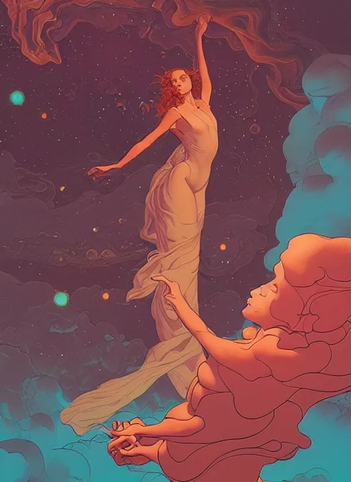 Image similar to poster artwork by michael whelan and tomer hanuka, a portrait of beautiful sensual dancing in the clouds of jupiter, clean