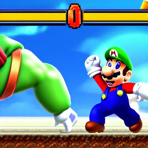 Image similar to super mario as a street fighter character. screenshot.
