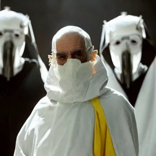 Prompt: Saruman the White wearing a yellow hazmat suit with a 3M gasmask on his head like Walter White in Face Off