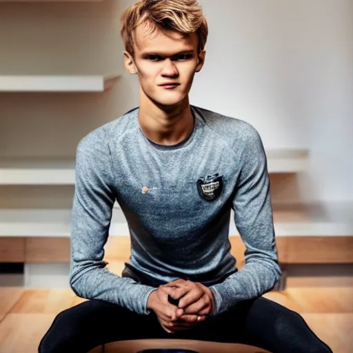 Image similar to a realistic detailed photo of a guy who is an attractive humanoid who is half robot and half humanoid, who is a male android, soccer player martin ødegaard, shiny skin, posing like a statue, blank stare, in a living room, on display, showing off his muscles