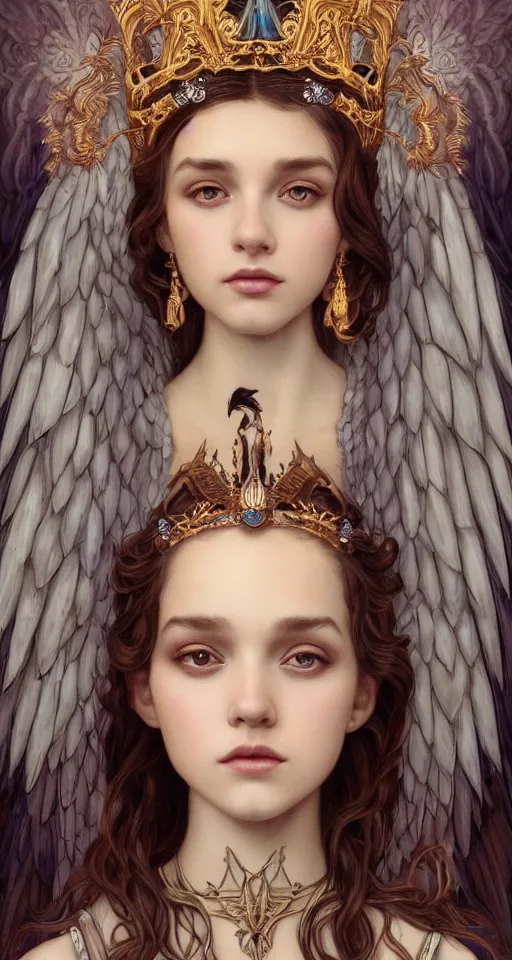 Image similar to beautiful young girl wearing a crown and sadness in her eyes, ravens around her, skulls, vaporwave aesthetic, synthwave, intricate, elegant, highly detailed, digital painting, wearing long gown, angelic wings, artstation, concept art, smooth, sharp focus, illustration, art by artgerm and greg rutkowski and alphonse mucha