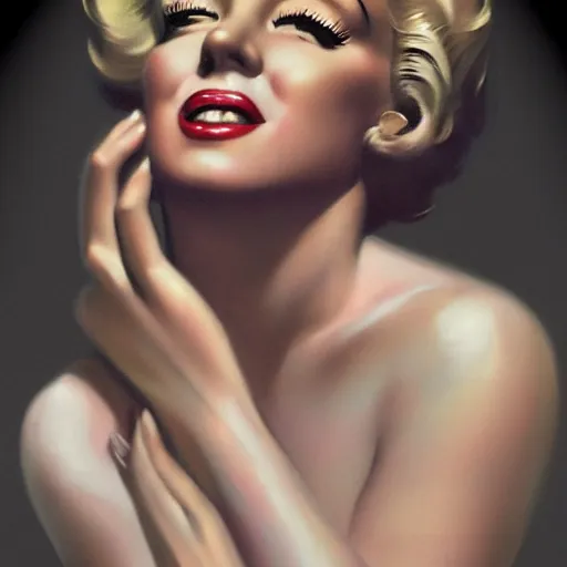 Prompt: masterpiece portrait of a beautiful stunning marilyn monroe in seven year itch, dynamic pose, above view, top lighting, art by charlie bowater, gil elvgren, ilya kuvshinov, mary jane ansell, cryengine, lumion render, 8 k realistic, hyper detailed, digital painting, artstation, concept art, ray tracing, perfect face