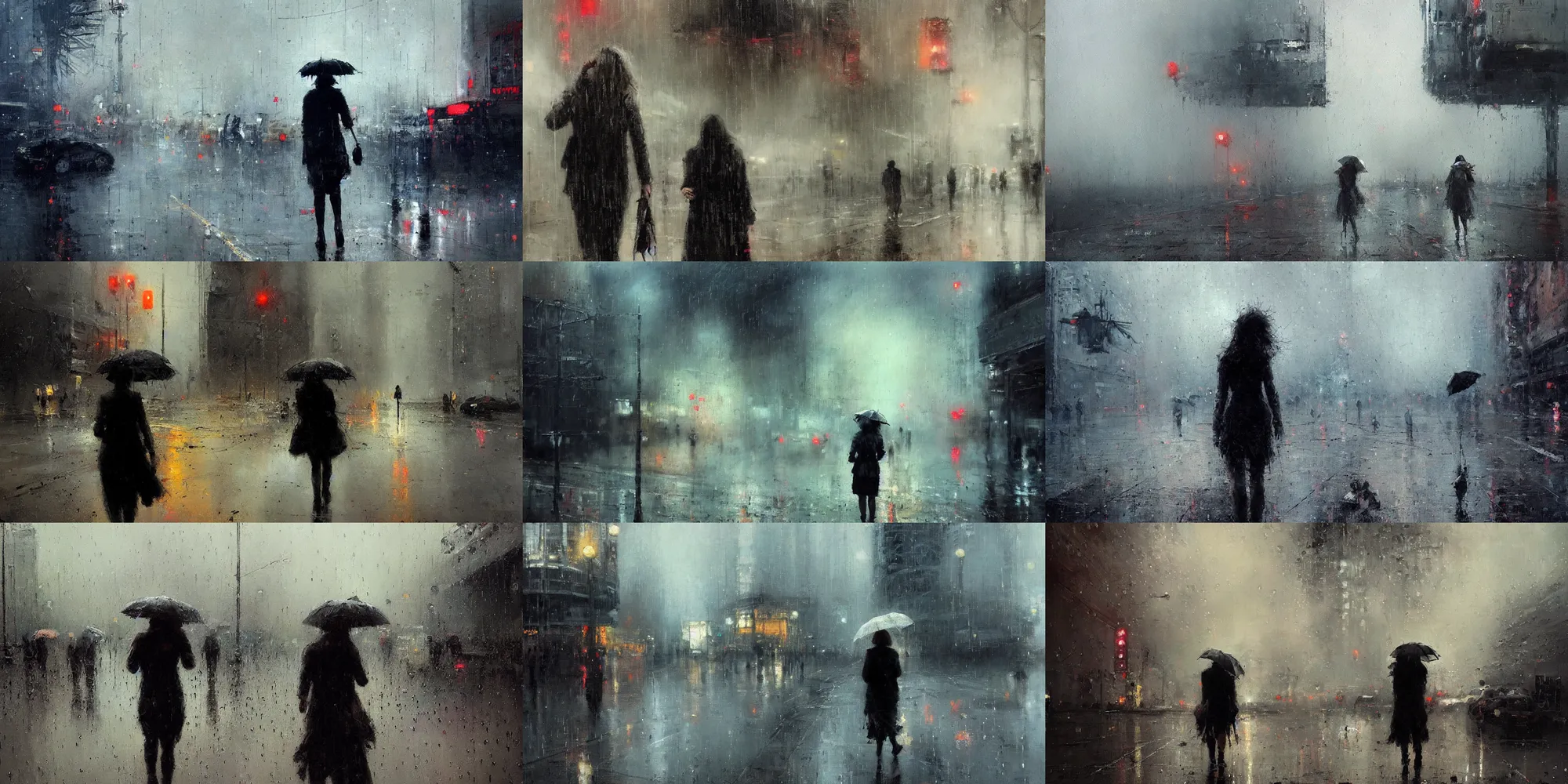 Prompt: a woman walking in the rain after a nuclear explosion, highly intricately detailed jeremy mann painting