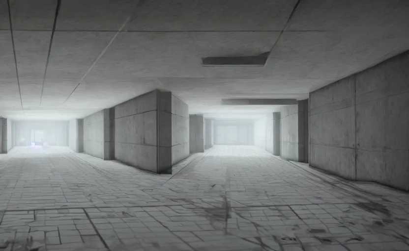 Prompt: in - game screenshot of a first person shooter on unreal engine 5, narrow modern hallways of a secret government facility, white dry wall, photorealistic, liminal, brutalism, minimalism, soft vintage glow