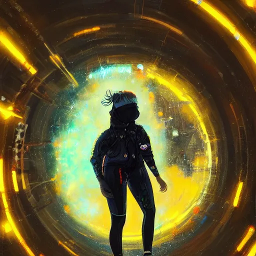 Image similar to detailed portrait of a skilled magic deepdream guardian girl cyberpunk futuristic, reflective puffer jacket, black leggings from the back radiating a glowing aura by ismail inceoglu dragan bibin hans thoma, perfect face, fine details, realistic shaded, fine - face, pretty face