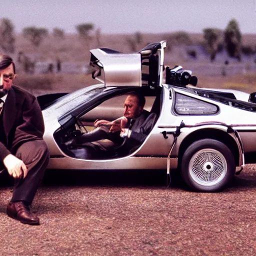 Prompt: hg wells sitting in a delorean time machine cinematic dramatic 3 5 mm 8 k