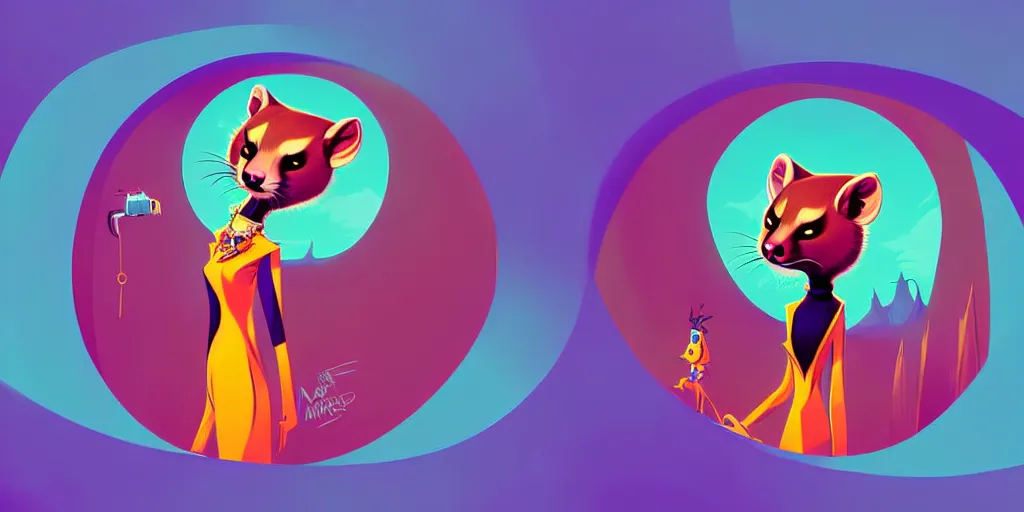 Image similar to curved perspective, extreme narrow, extreme fisheye, digital art of a female marten animal cartoon character 6 0's hairstyle wearing jewlery by anton fadeev from nightmare before christmas