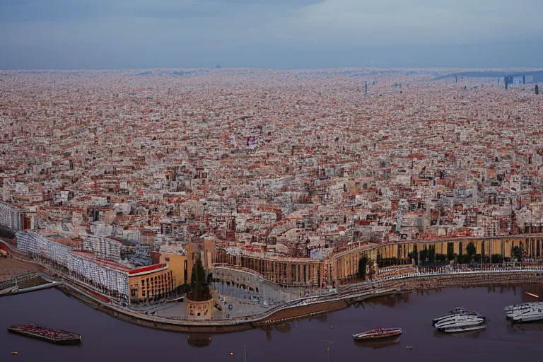 Image similar to views of catastrophic barcelona's agbar tower covered with high water, global warming, floating cars, sunset lighting, photo real