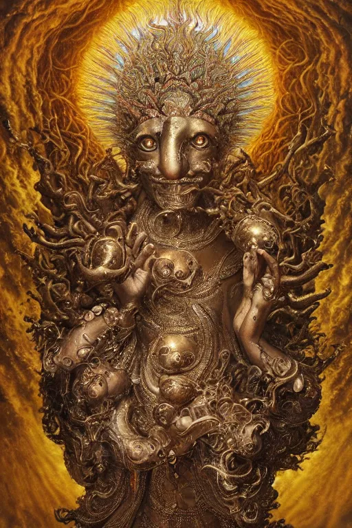 Prompt: Intricate stunning highly detailed deity by agostino arrivabene and Vladimir Kush, surreal metal sculpture, ultra realistic, Horror, dramatic lighting, full moon, blood moon, thick black swirling smoke tornado, burning fire embers, artstation