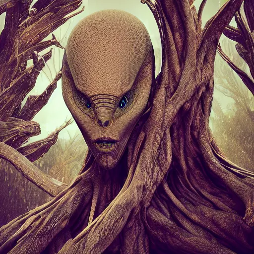 Image similar to “ alien tree person, futuristic sci fi. ultra high 4 k photo, alien planet ”