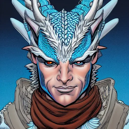 Image similar to head and shoulders porrtrait of a medieval fantasy anthropomorphic blue dragon - human hybrid with electrcity magic, fantasy, d & d, high details, art by phil noto and frank miller