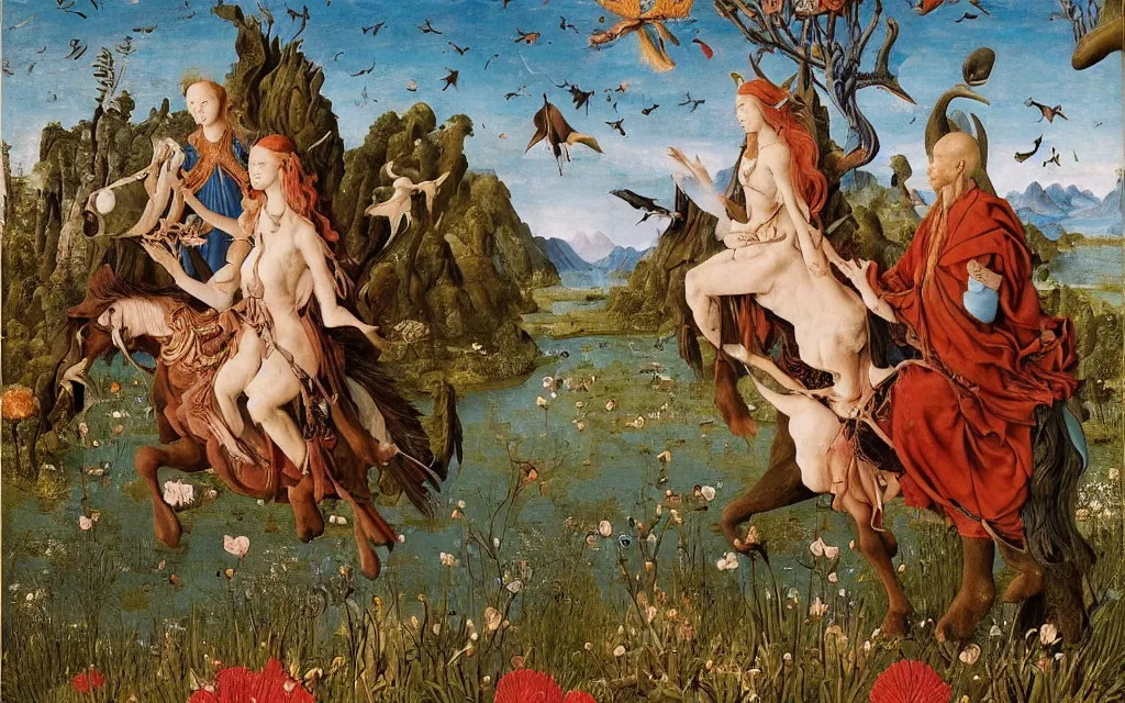 Prompt: a portrait photograph of a meditating harpy and a centaur king riding birds at a wide river delta. surrounded by bulbous flowers, animals, trees and mushrooms. mountain range under a vast blue sky of burning stars. painted by jan van eyck, max ernst, ernst haeckel and artgerm, cgsociety, artstation, fashion editorial