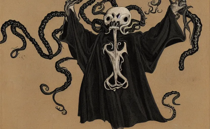 Prompt: a figure dressed in black robes with tentacles for arms, wearing a mask in the shape of a cow Skull