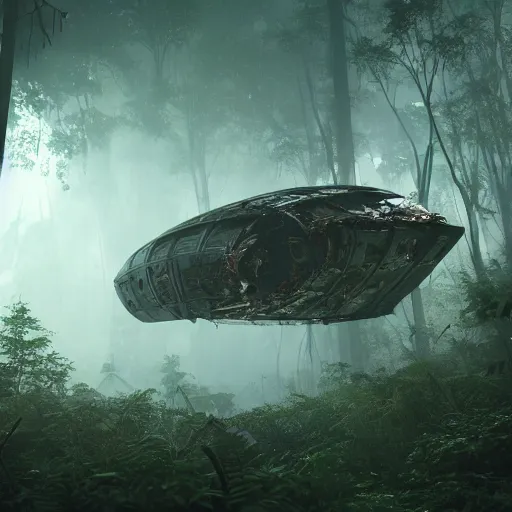 Image similar to a giant derelict metallic symmetrical spaceship crashed in a dense rainforest, foggy atmosphere, sharp details, photorealistic, octane render, god rays, cinematic lighting, immense scale