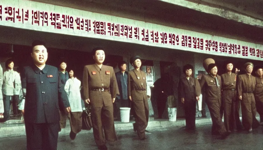 Prompt: 70s movie still of north korean restaurant with kim il-sung portrait, eastmancolor, heavy grain, high quality, higly detailed