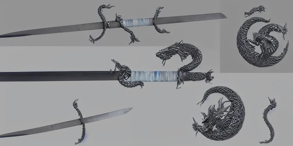 Prompt: Full Katana with Water Blade made only out of flowing and only Water, artstyle from Rzky Dar, the blade is made out of steel with a dragon sigil, a water stream goes like spiral around the blade, white background, raytracing, blade is replaced with water, blade is replaced with water