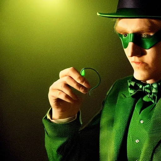 Prompt: film still of Paul Dano as Riddler in a green suit and tie and green fedora no mask in The Batman, 4k, dark lighting, film noir, grainy, dark tone