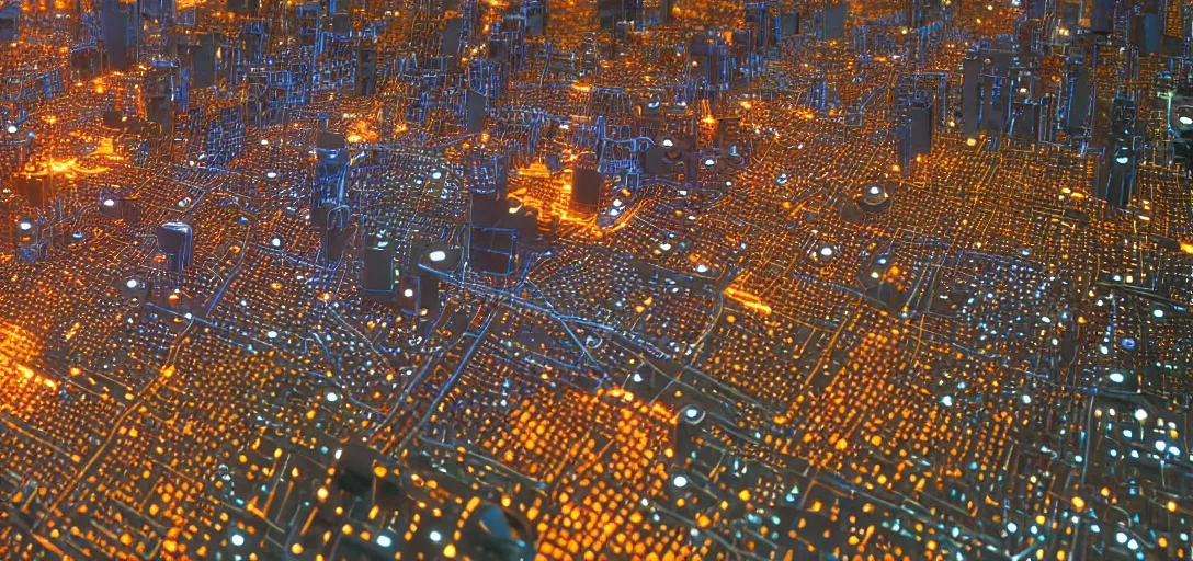 Prompt: a city made from tactile 70s spaceship panels and buttons, glowing from below