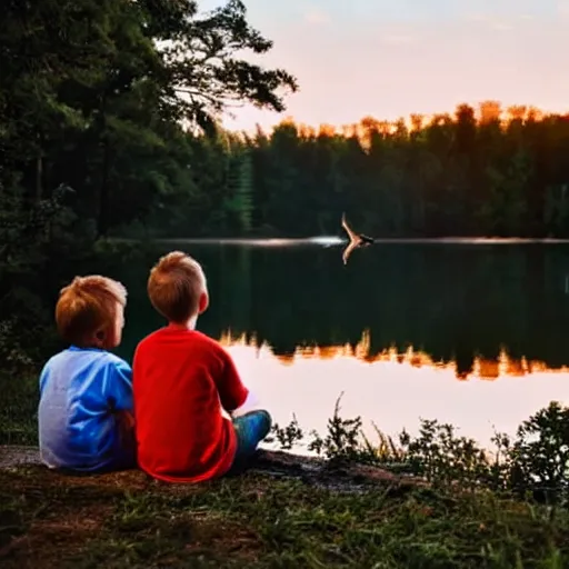 Image similar to a silver dragon and a boy sitting together next to a lake watching firefly, night, forest