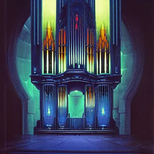 Image similar to pipe organ space opera album cover, style of john harris, david hardy, michael okuda, vincent di fate, rongier, dramatic lighting, detailed, gothic, ornate, symmetrical, kafka