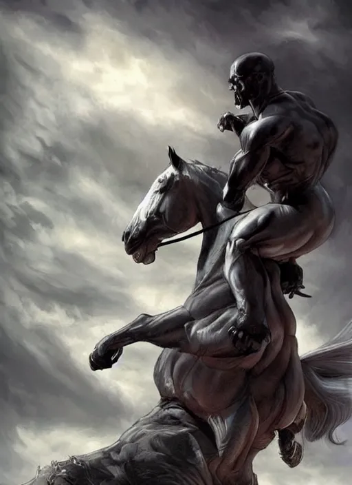 Image similar to chonky ethan van sciver with a bald head and grey trimmed beard with a pointy nose as the first horseman of the apocalypse riding a strong big black stallion, horse is up on its hind legs, beautiful artwork by artgerm and rutkowski, breathtaking, beautifully lit, dramatic, full view