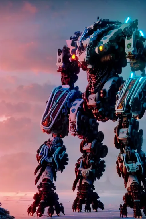 Image similar to a cinematic still from horizon zero dawn and pacific rim and westworld, full body mech, armored core, intact humanoid servo, octane render, nvidia raytracing demo, masterpiece, aged armor plating, decipticon armor plating, aggressive head, endoekeleton exposure