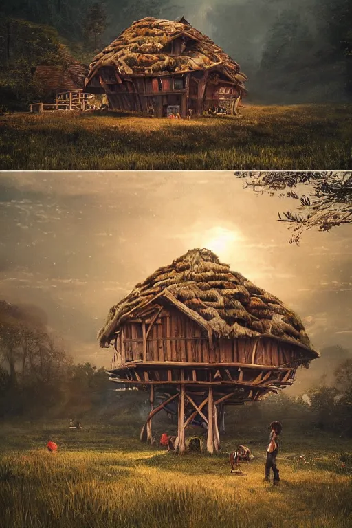 Image similar to an awesome twilight day concept art of old hut standing at giant hen's legs instead of piles, by kengo kuma and wes anderson with village, mixed development, cgsociety, fantastic realism, artstation hq
