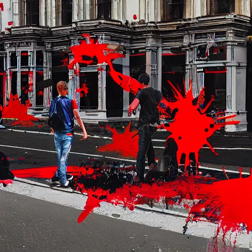 Prompt: A British European City with cars and people roaming inside of the city, certain aspects of the background are lens blurred, splatters of red and red paint circle significant parts of the city, blots of red paint, some of the people are even painted red, black and white photograph painting, real life, realistic, hyperrealistic, very realistic, photo photograph, photo, photograph, painting, oil painting, ultra realistic, very detailed, extremely detailed, highly detailed, HD Quality, 4k resolution, 8k resolution, trending on artstation, in the style of an Album Cover, cool, epic, nostalgic, intricate details